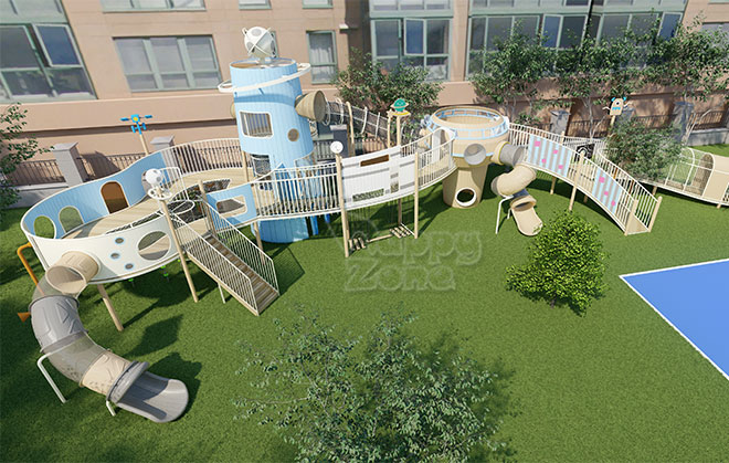 Customized Pastel Color Planet Theme Kindergarten Outdoor Playground Set Wooden Playground Kids Commercial Outdoor Playground Children Amusement Park