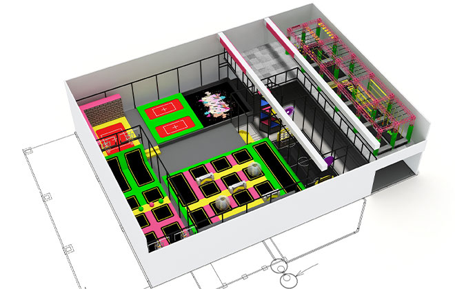 Indoor Fluorescent Color Glow-In-The-Dark Trampoline Park And Fluorescent Ninja Course