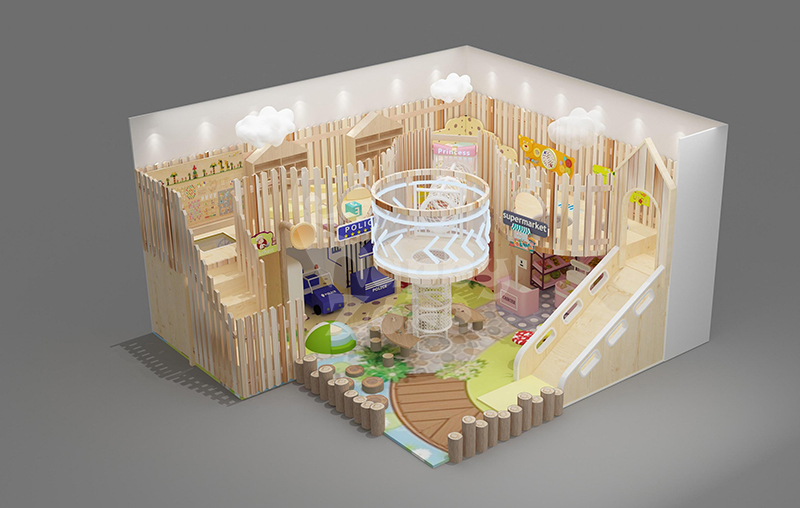 Customizable Wooden Role Play Town for Nursery with Police Station & Princess Dress-Up Area