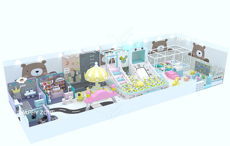 Macaron Bear Theme Indoor Soft Playground Kids Naughty Castle With Pretend Town Traffic Road Carousel Ball Pit Slide Custom Children Play Equipment For Mall Parent-child Cafe